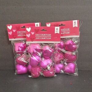 Valentines Vibrant Fuschia Pink Heart Ornaments Decorations - 3 Pack- 18 Pcs